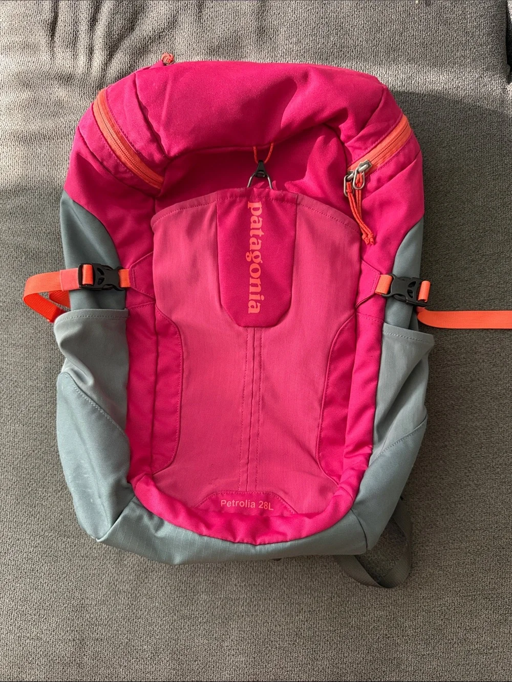 Patagonia Backpack in Bright Pink and Gray with Orange Accents